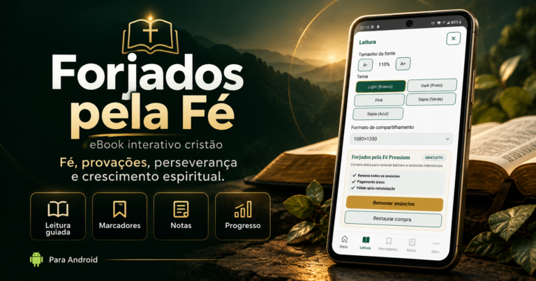 Banner do aplicativo Forjados pela Fé com smartphone exibindo o eBook cristão interativo e recursos de leitura, marcadores, notas e progresso.